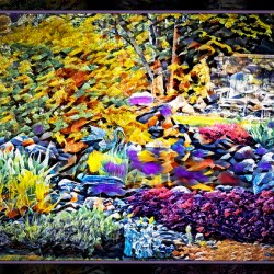 BLUE HERON IN A FANCIFUL GARDEN